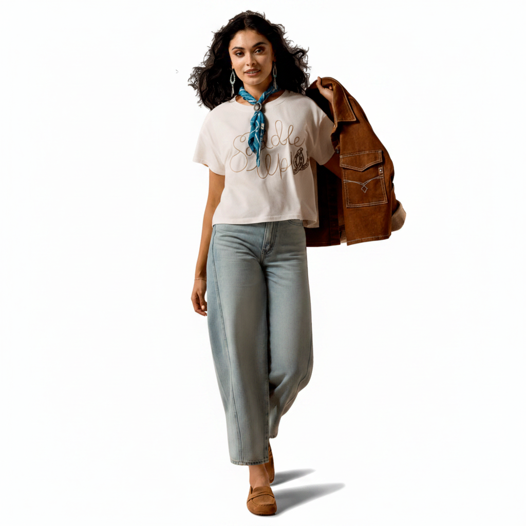 Ariat Saddle Up T-Shirt full body view on model in cream