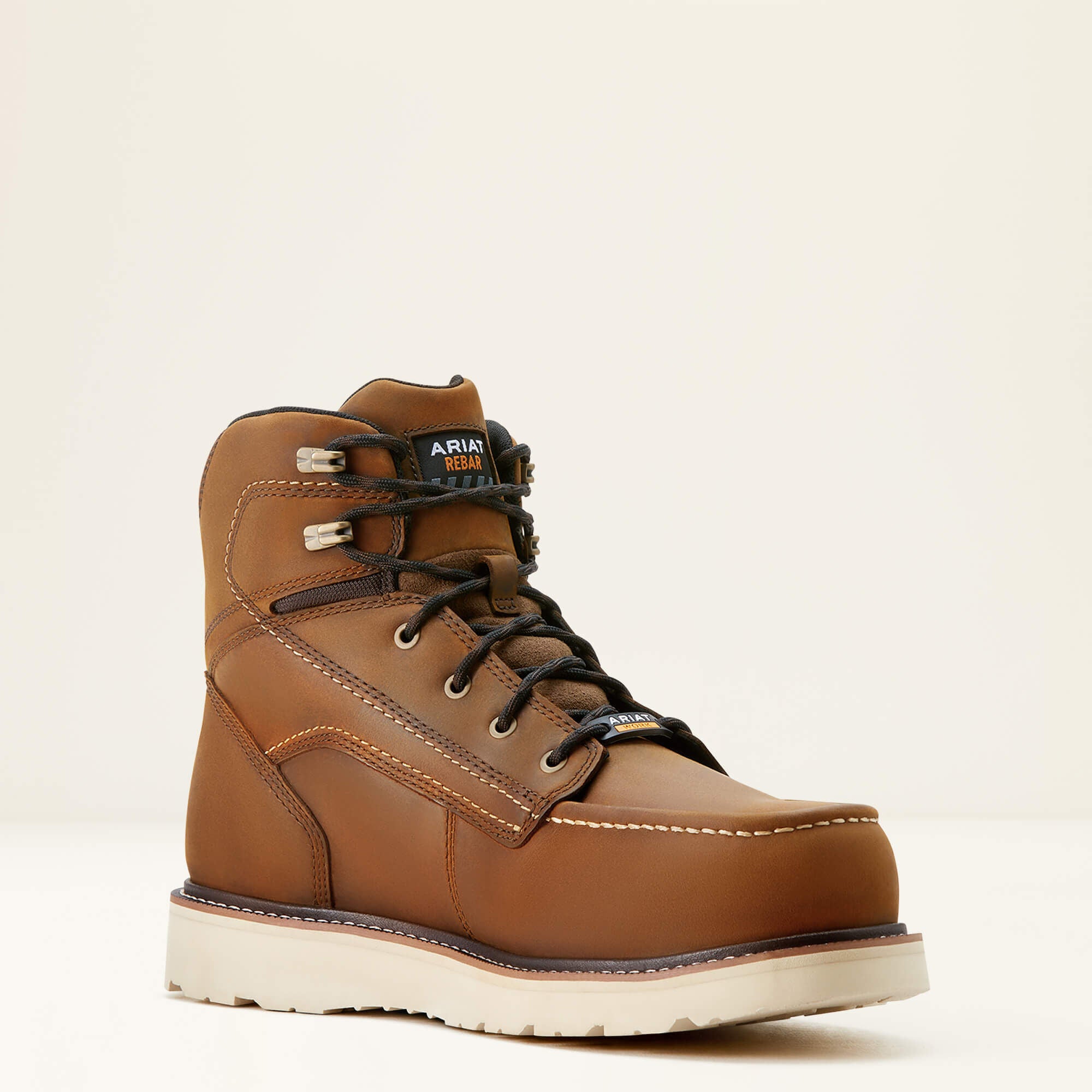 Ariat Rebar Wedge Moc Toe 6 inch Waterproof Composite Toe Work Boot angled side view in brown leather