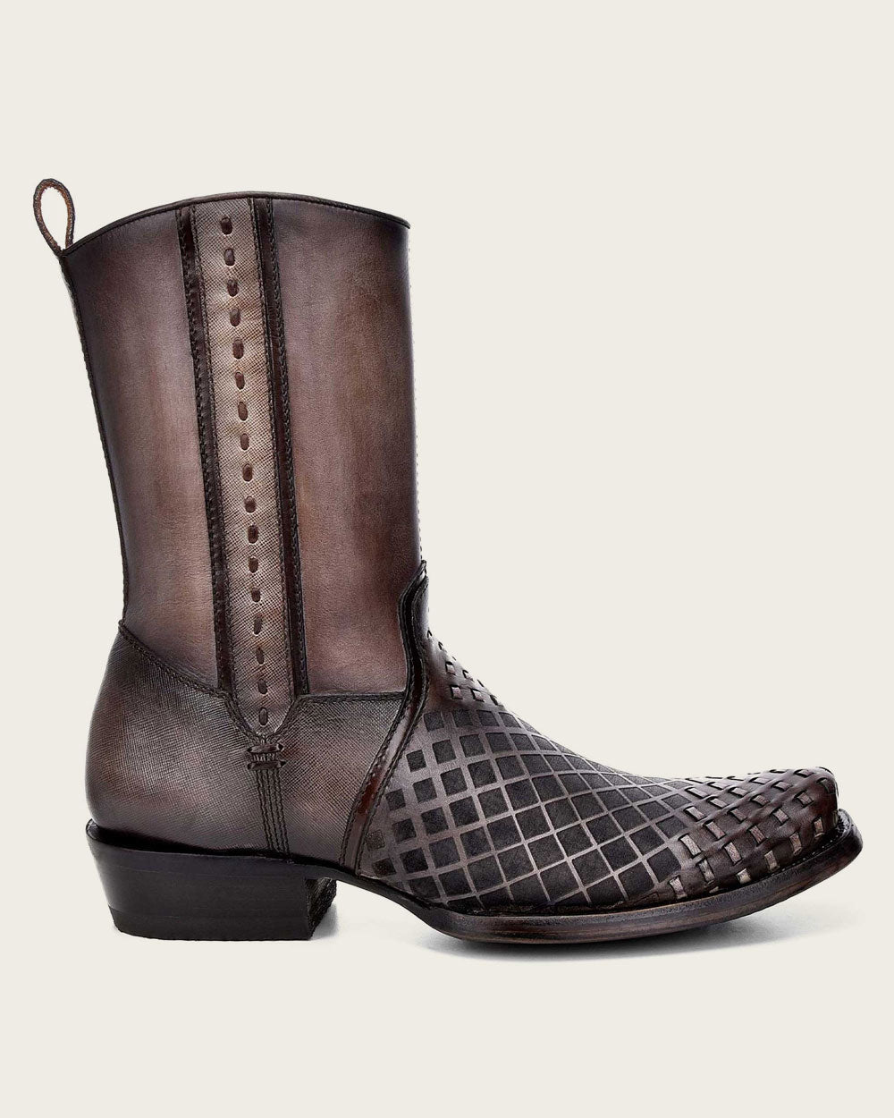 Grey Laser & Woven Narrow Square Toe Boot