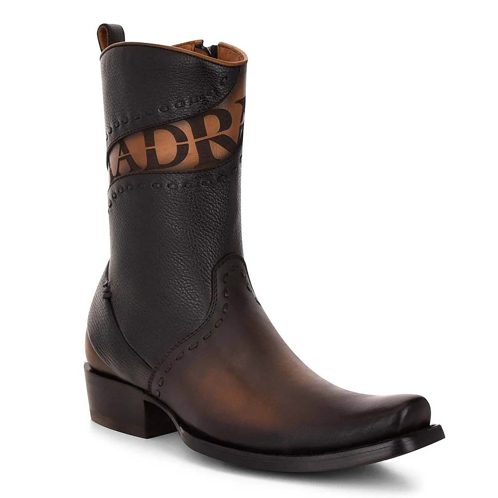 Black Lazer & Woven & Zipper Narrow Sq. Toe Boot