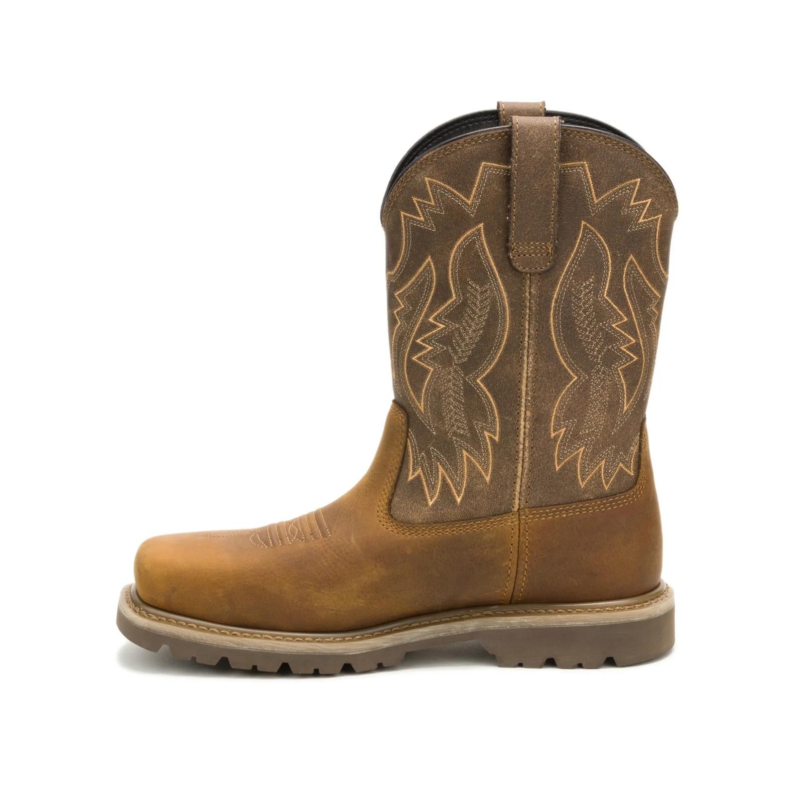 CAT Colorado Frontier Steel Toe Boot side view in beige leather with stitched shaft