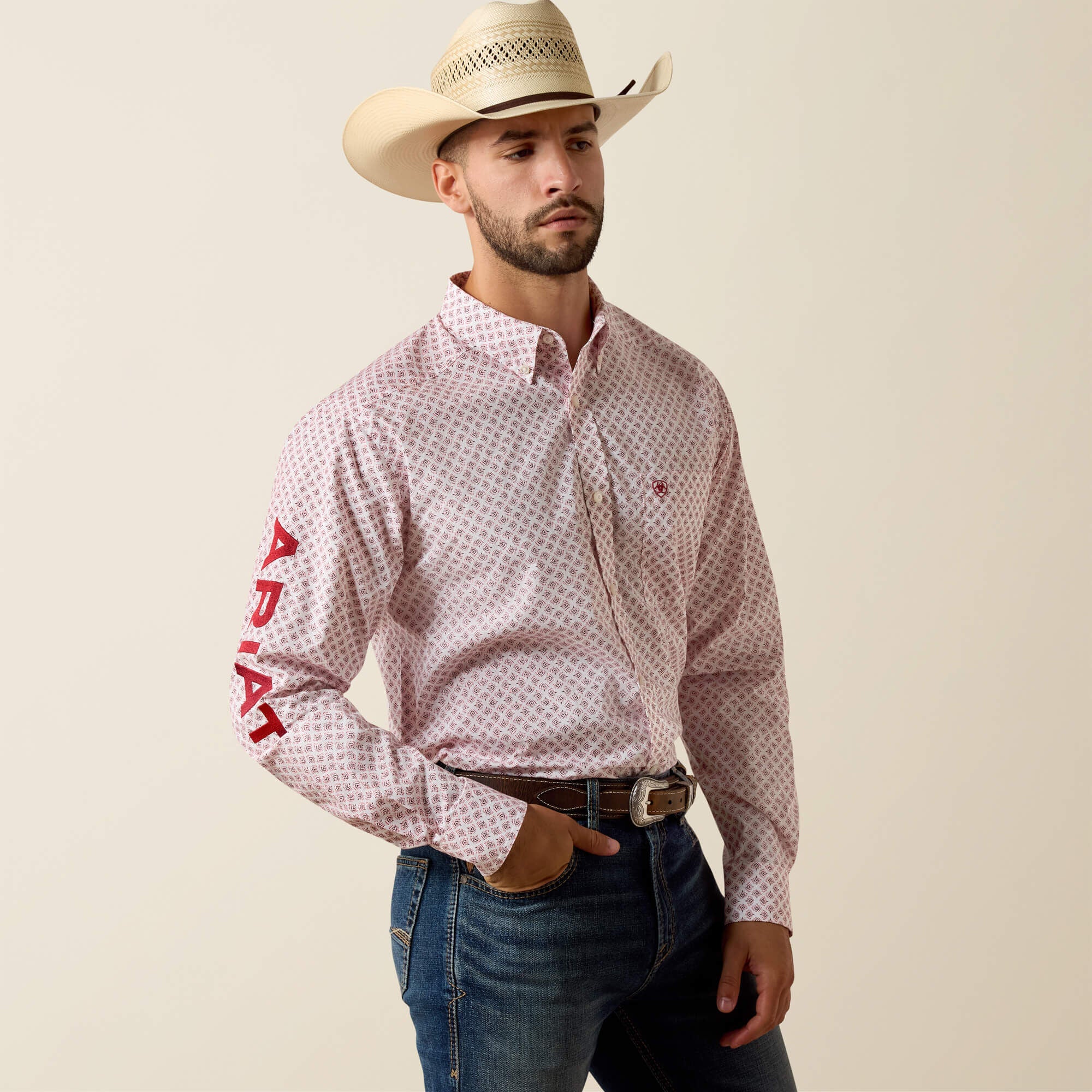 Ariat Team Donovan Fitted Shirt front view on model in light red