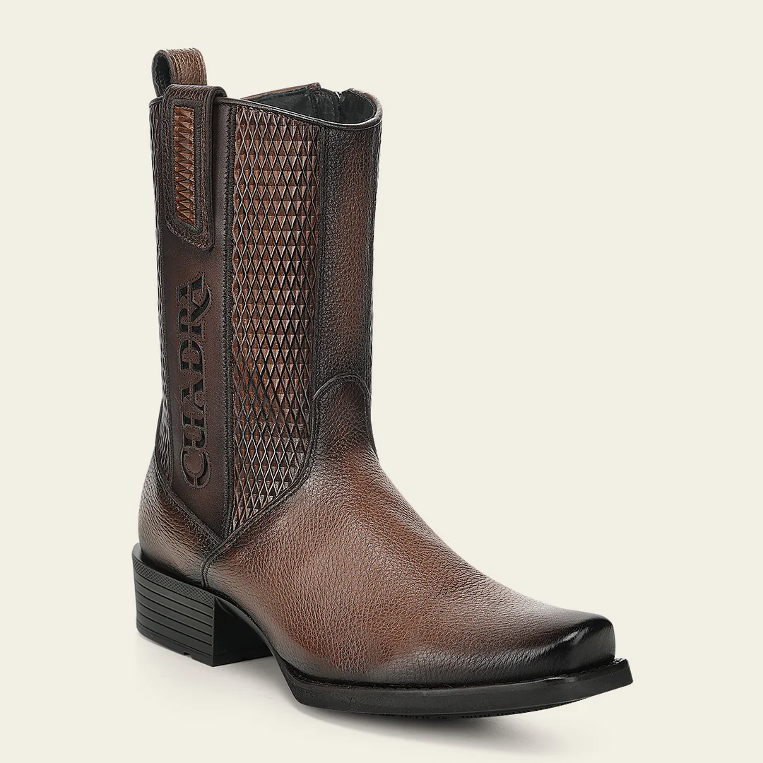 Cuadra Men’s Honey Deer Embroidery and Lazer Narrow Square Toe Boot angled side view in honey brown leather