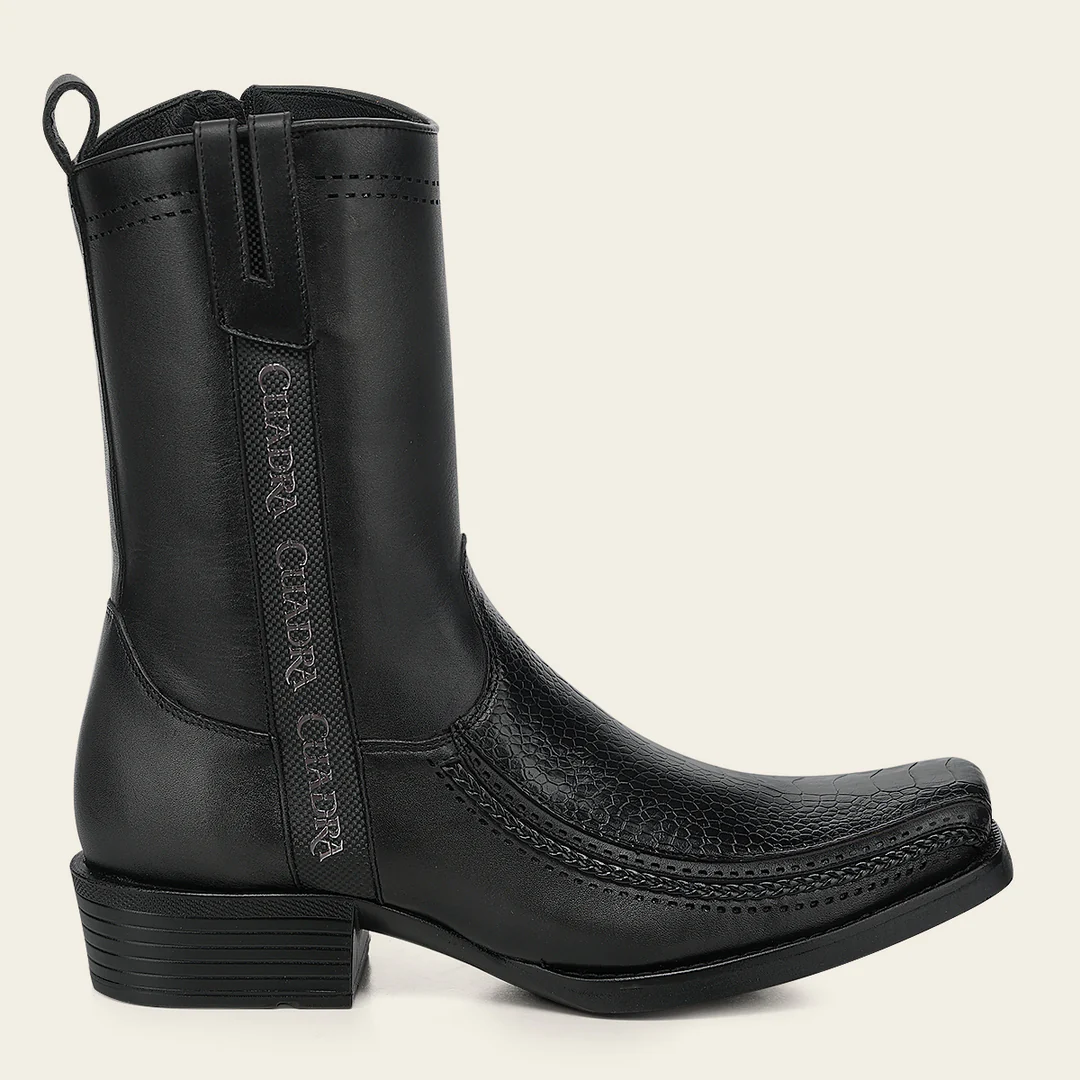 Cuadra Black Ostrich Leg Narrow Square Toe Boot for men in black leather with side zipper