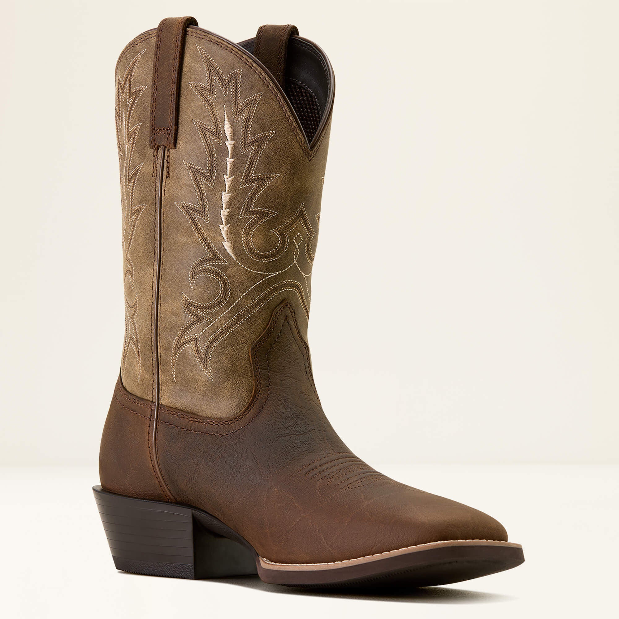 Ariat Sport Outfitter Wide Square Toe Cowboy Boot angled profile in brown leather