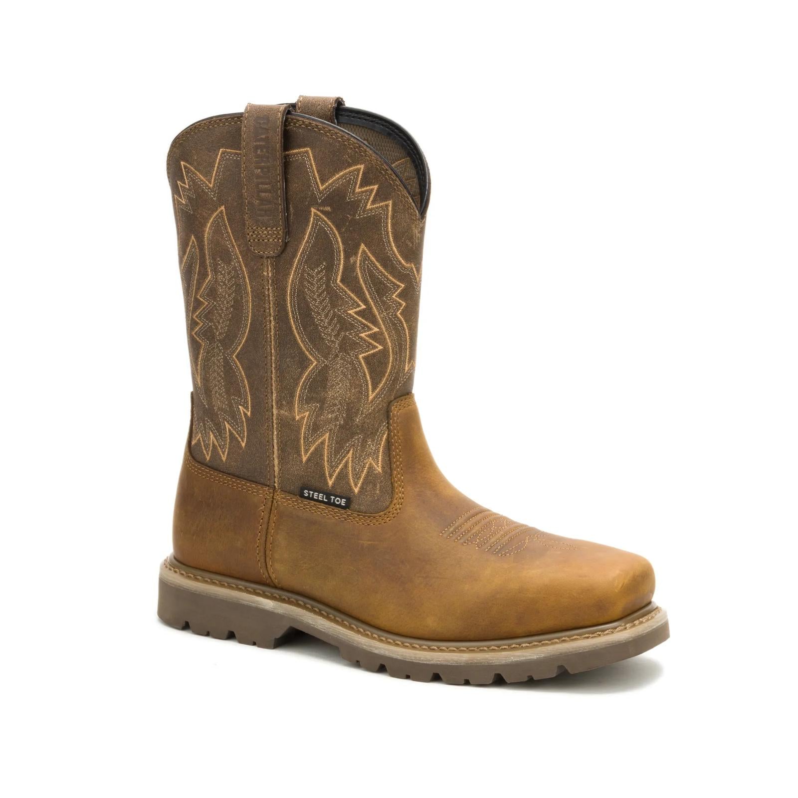 CAT Colorado Frontier Steel Toe Boot angled side view in beige leather