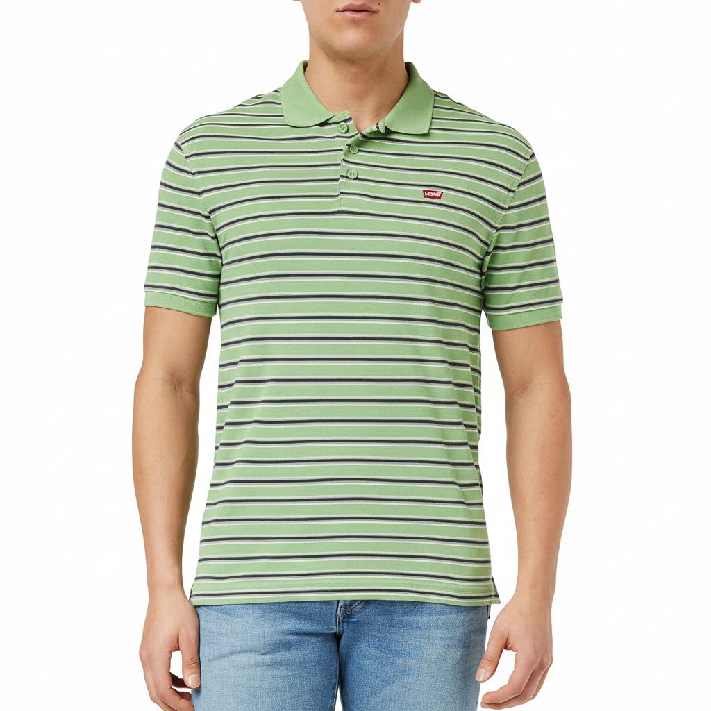 Levi’s Housemark Polo front view on model in green striped knit