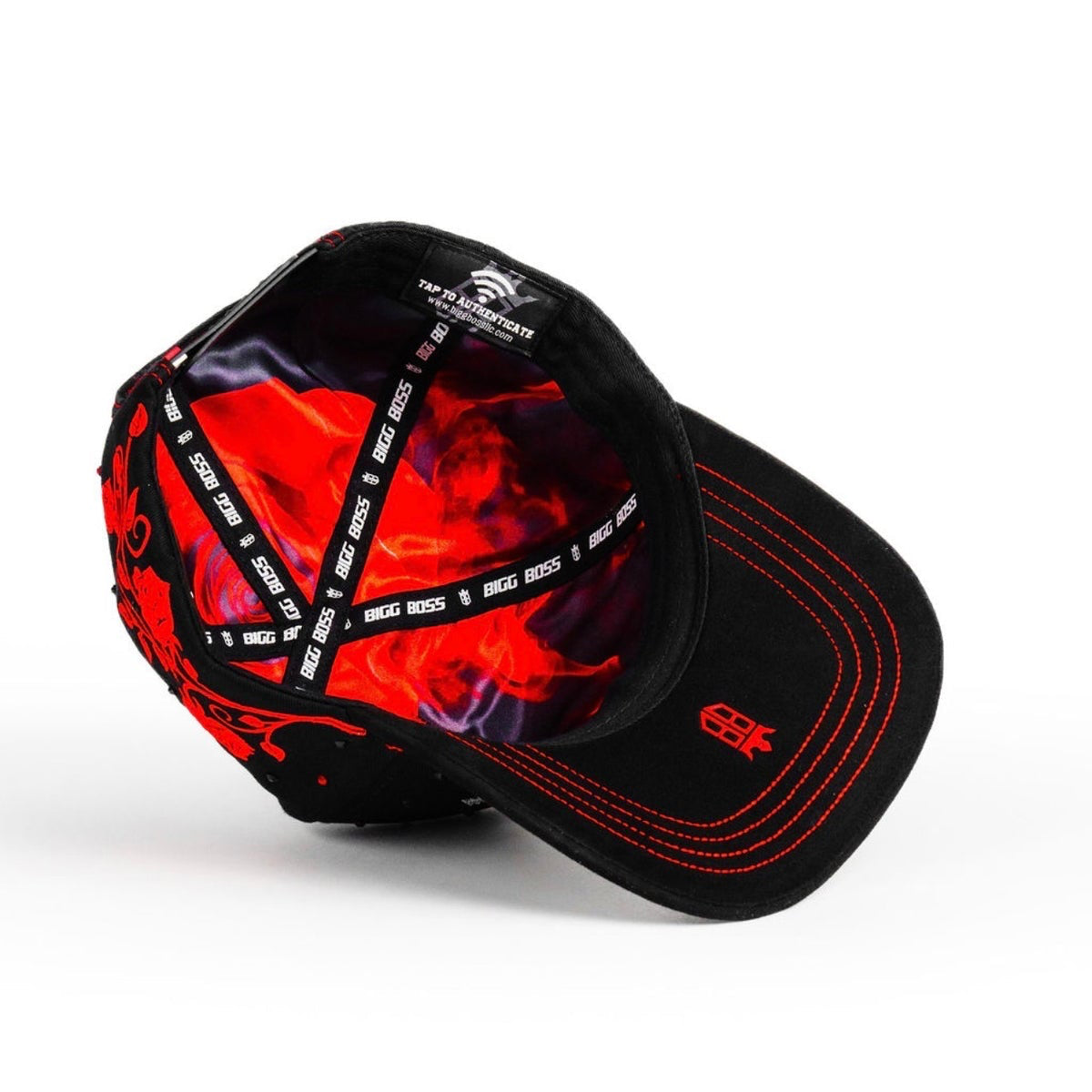 Bottom angled view of Bigg Boss Bb Rose Red Hat with curved bill