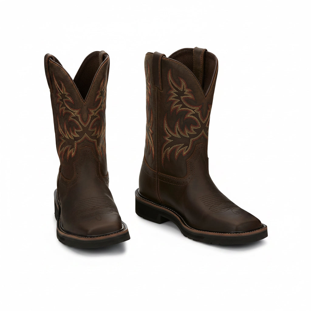 Justin Driller 11 Inch Work Boot pair in brown leather with stitched shaft detail