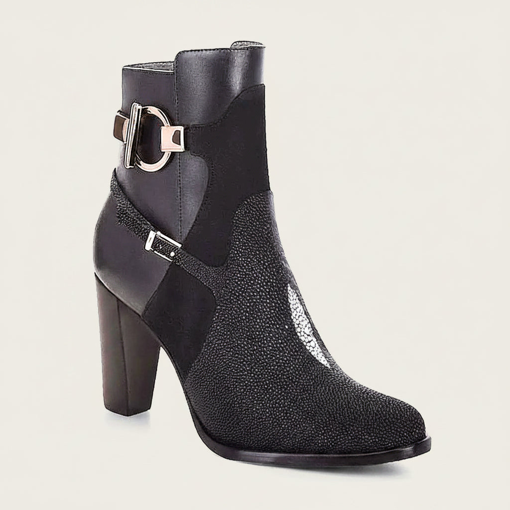 Cuadra Black Stingray Ankle Bootie angled side view in black leather