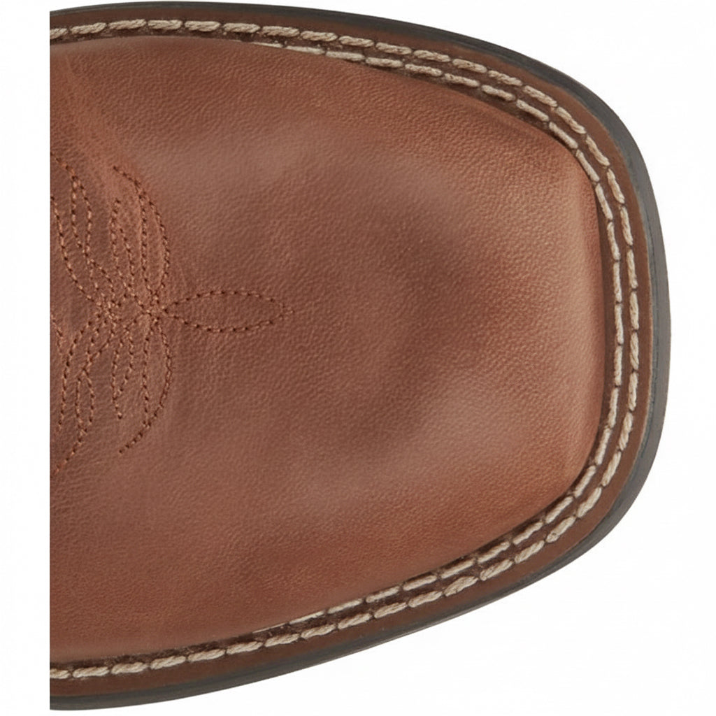 Justin Canter Junior Boot close-up of broad square toe in brown leather