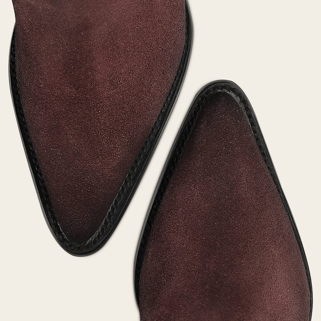 Close-up of the pointed toe on Cuadra Wine Crystal Studded Pointed Toe Boot