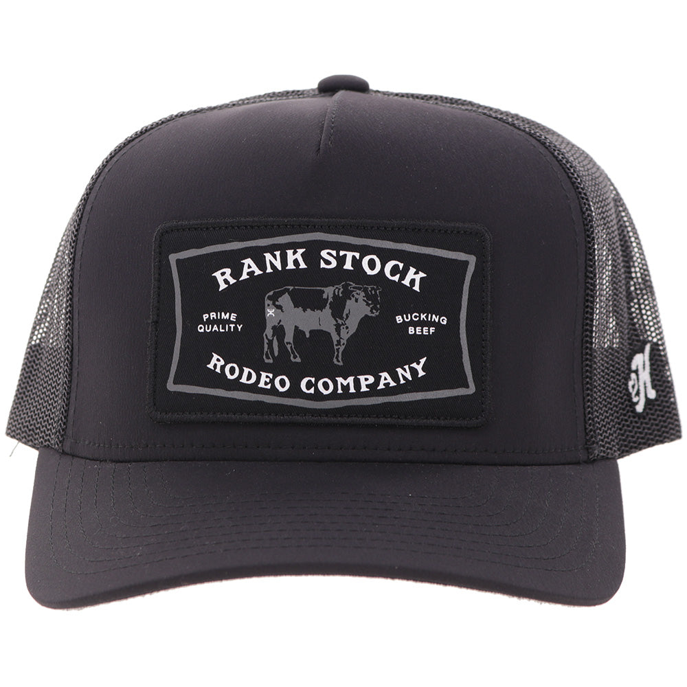 Hooey Rank Stock Black Hat front view in black with patch detail