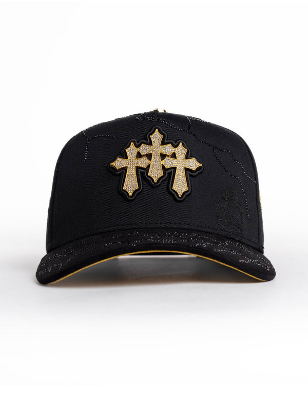 Kevin Hats Tres Cruces Gold Hat front view in black with gold cross detail