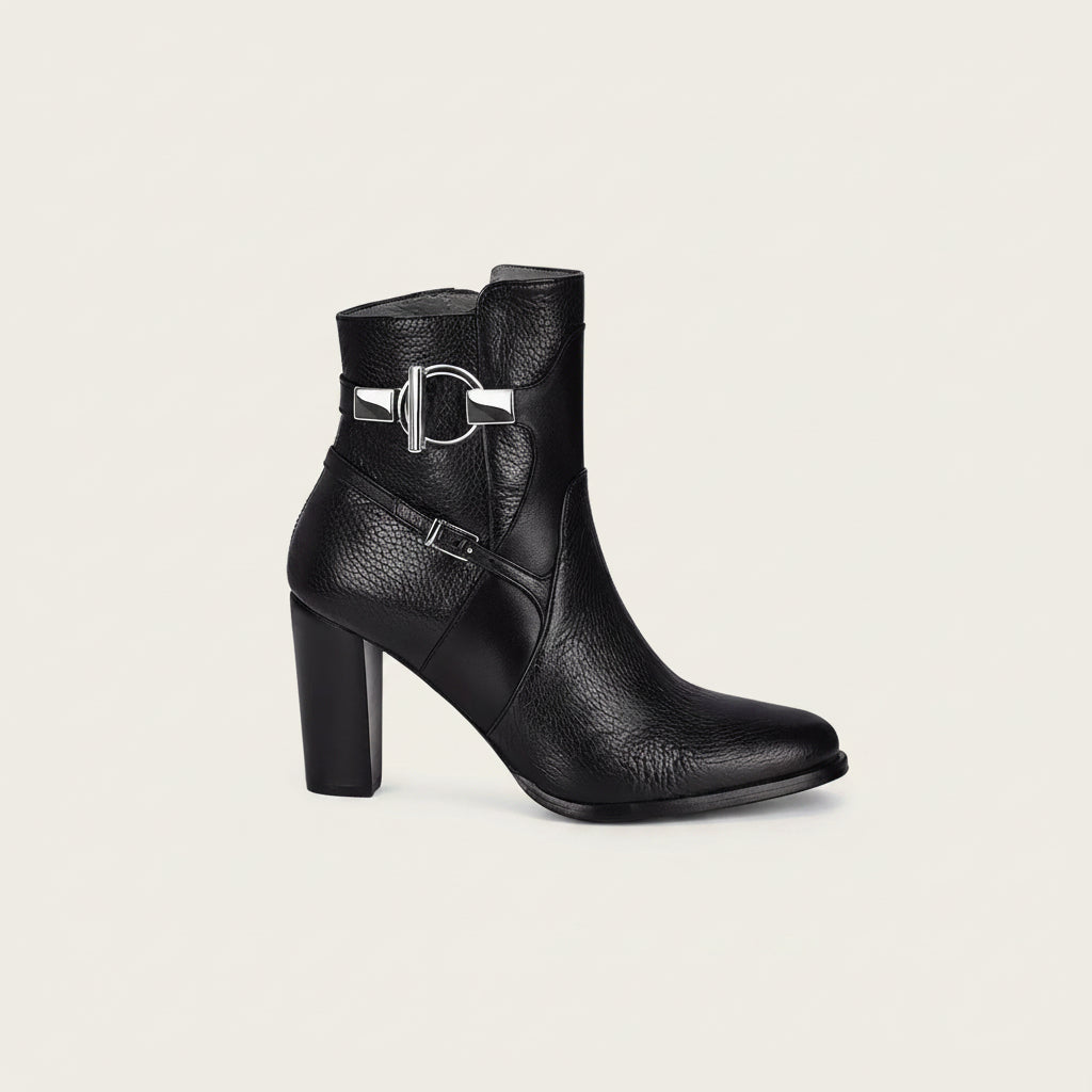 Cuadra Black Deer Ankle Bootie angled side view in black leather