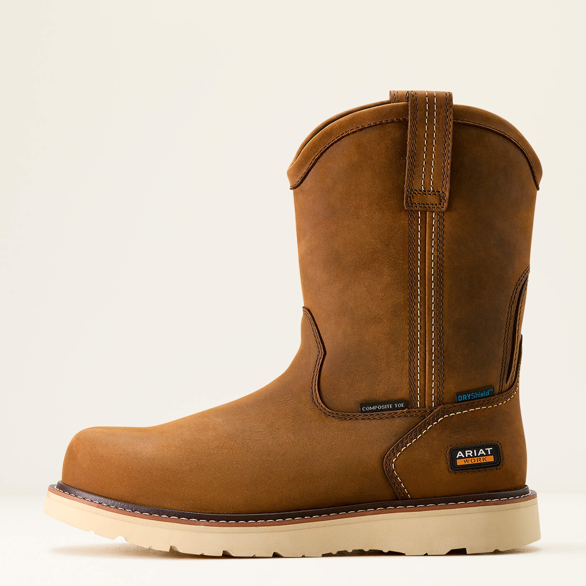 Ariat Rebar Wedge Pull-On Waterproof Composite Toe Work Boot side view in brown leather