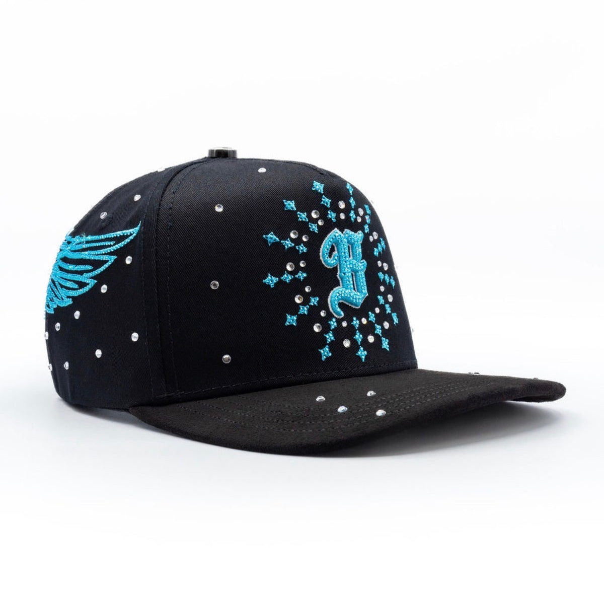 Angled view of Bigg Boss B Cristales Azul Hat in black and blue