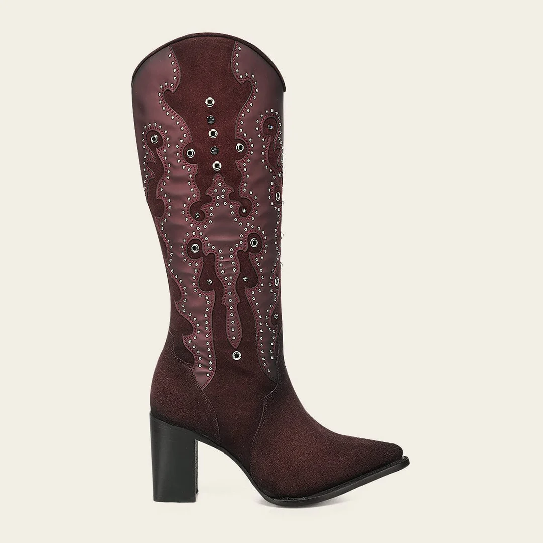 Cuadra Wine Crystal Studded Pointed Toe Boot side profile in wine leather