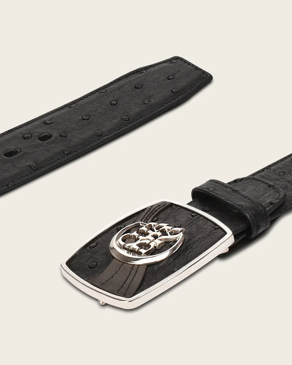 Black Engraved Ostrich Belt