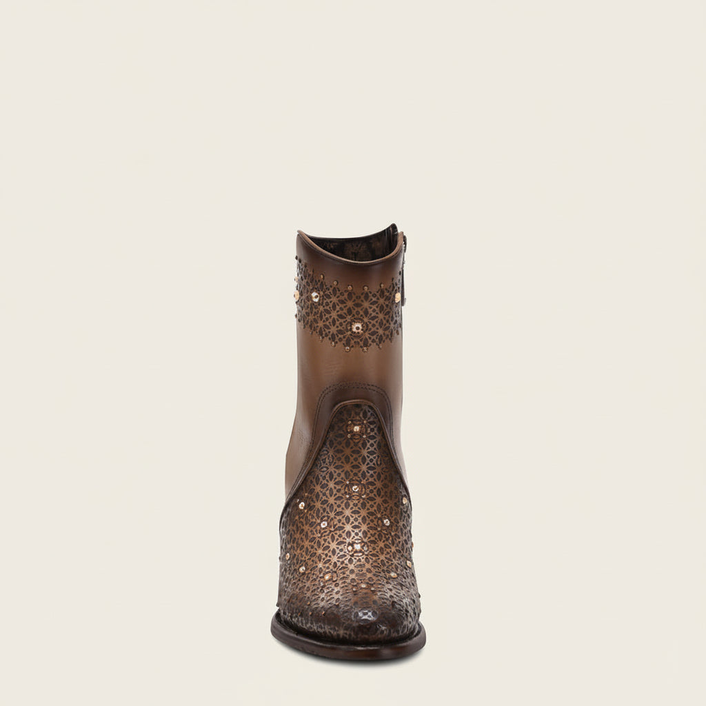 Cuadra Honey Perforated Crystal Ankle Bootie front view in brown leather