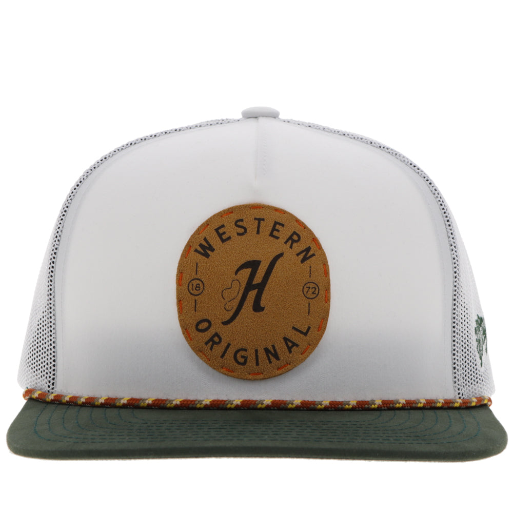 Hooey Spur White Leather Patch Hat front view in white with leather patch