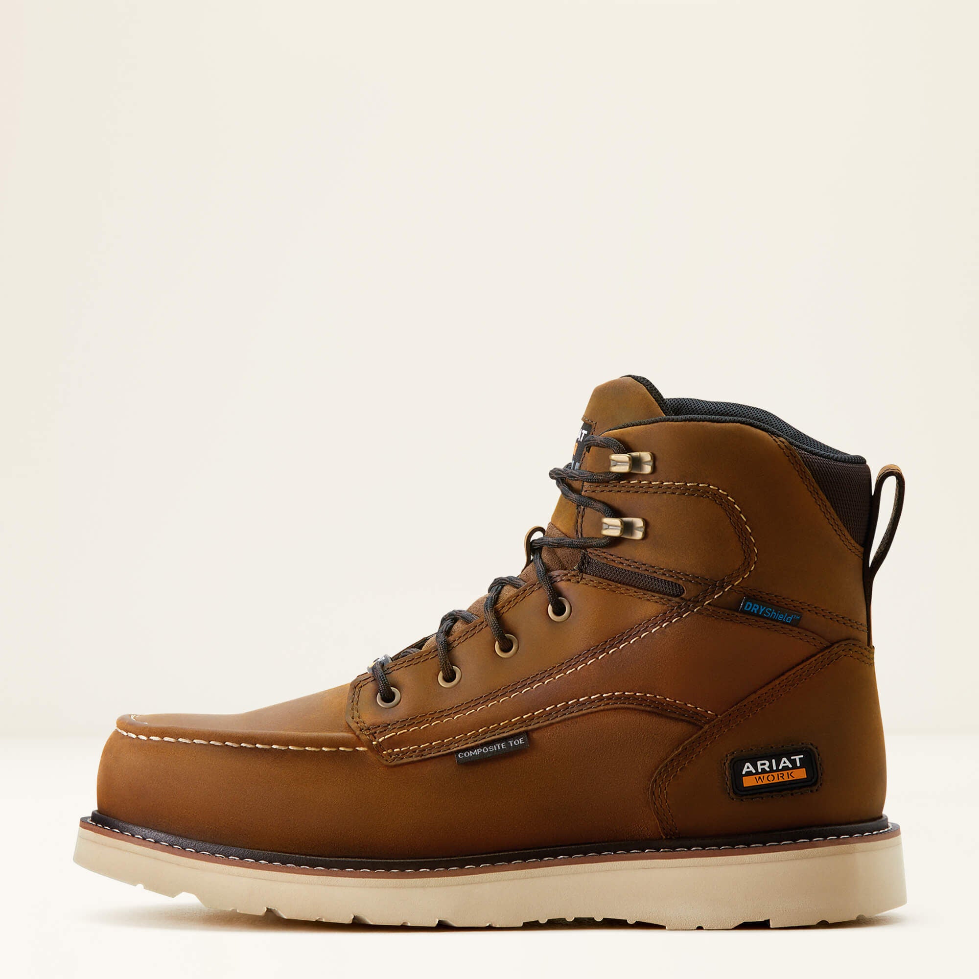 Ariat Rebar Wedge Moc Toe 6 inch Waterproof Composite Toe Work Boot side view in brown leather