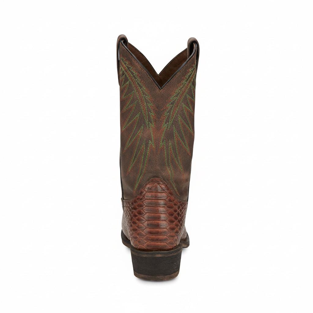 Nocona Carlita Cognac Snake Print Snip Toe Boots back view with pull tabs