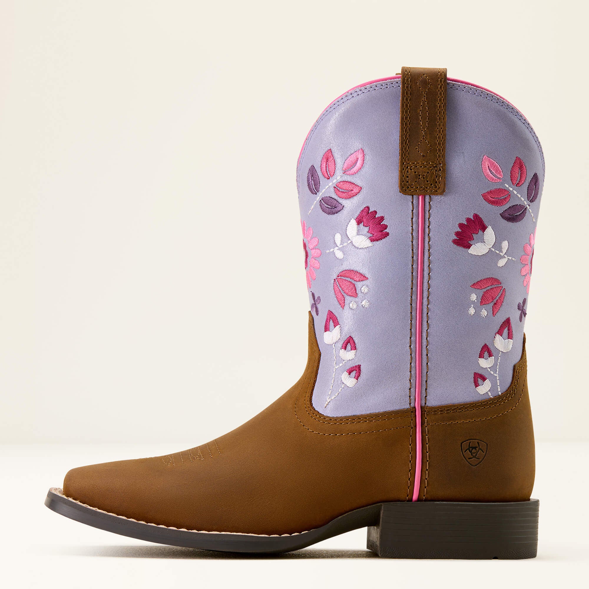 Ariat Youth Wild Bloom Wide Square Toe Western Boot side view in brown leather with pink floral shaft
