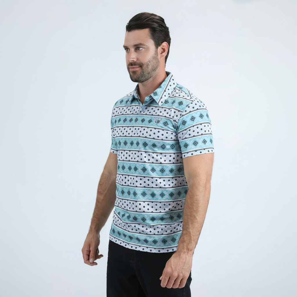 Mens Performance Fabric Modern Fit Stretch Aztec Print Blue Polo