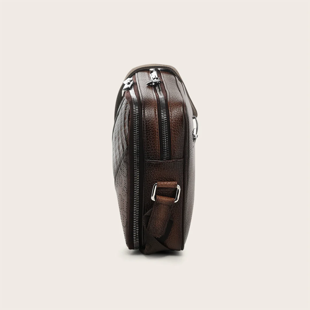 Side profile of Cuadra Brown Caiman Zipper Bag in brown leather
