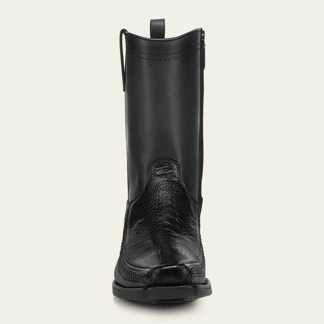 Front view of Cuadra Black Ostrich Leg Narrow Square Toe Boot with narrow square toe
