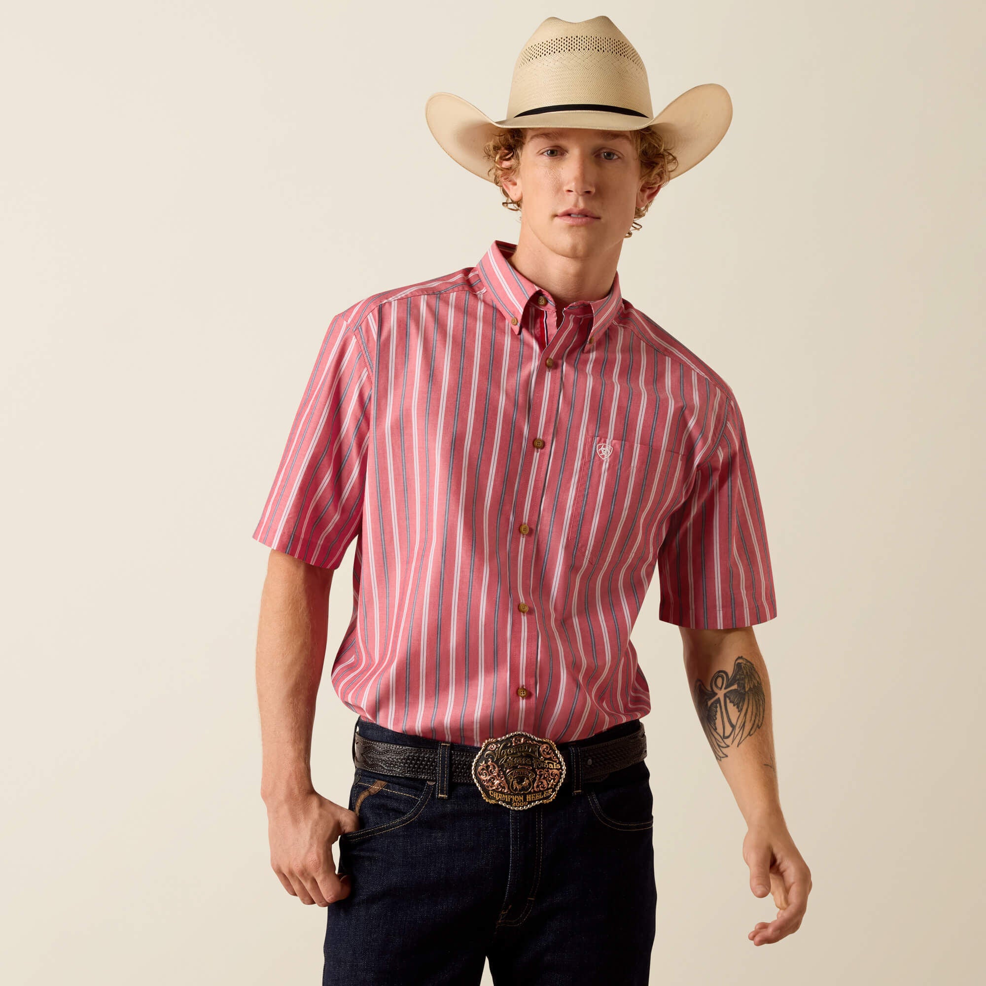 Ariat Pro Series Bobby Classic Fit Shirt front view on model in red striped print