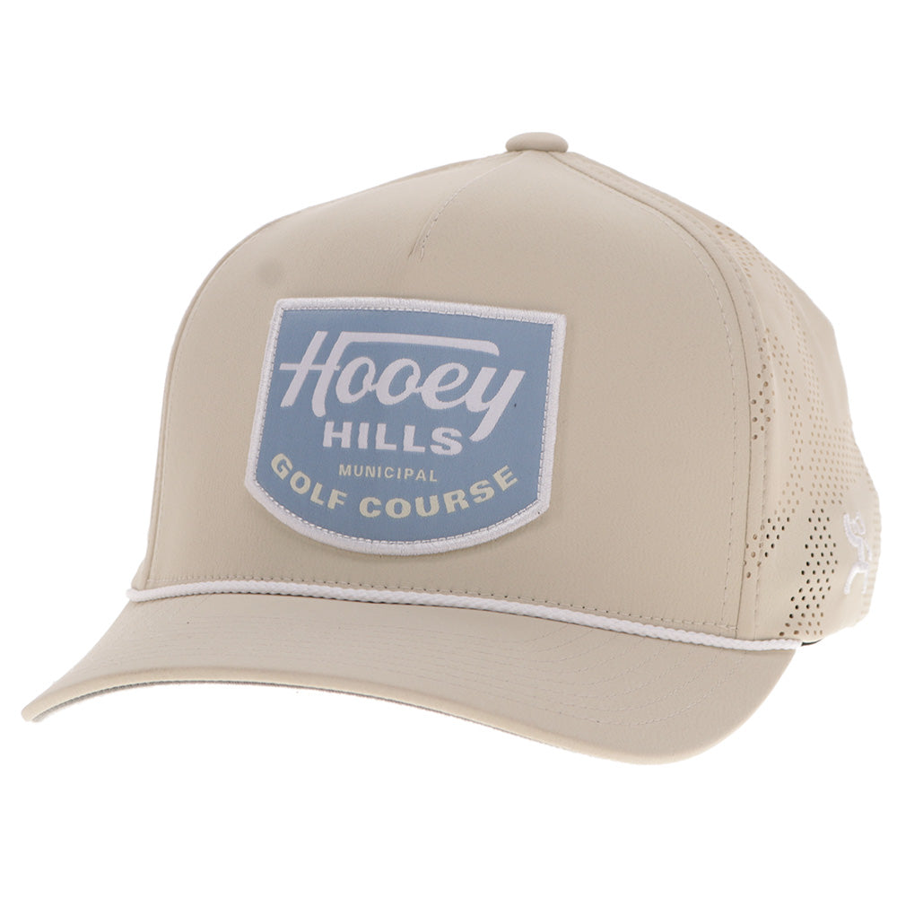 Hooey Noonan Tan Teal and White Patch Hat front angled view in tan with teal and white patch
