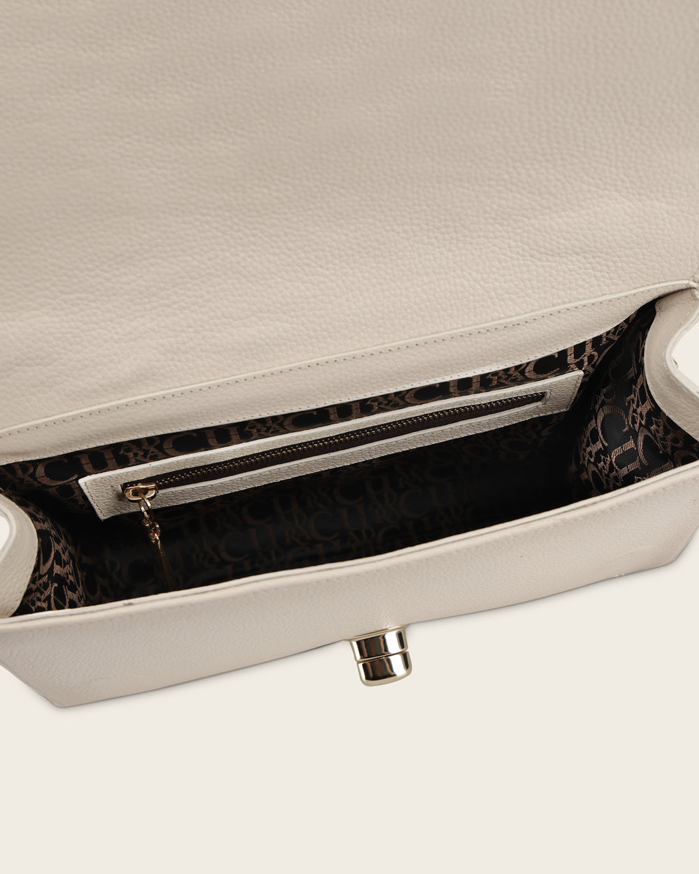 Cuadra Women’s Beige Bovine Leather Shoulder Bag Clutch interior view with zipper compartment