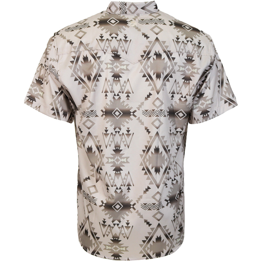 Hooey Sol Short Sleeve Pearl Snap Shirt back view in tan Aztec print