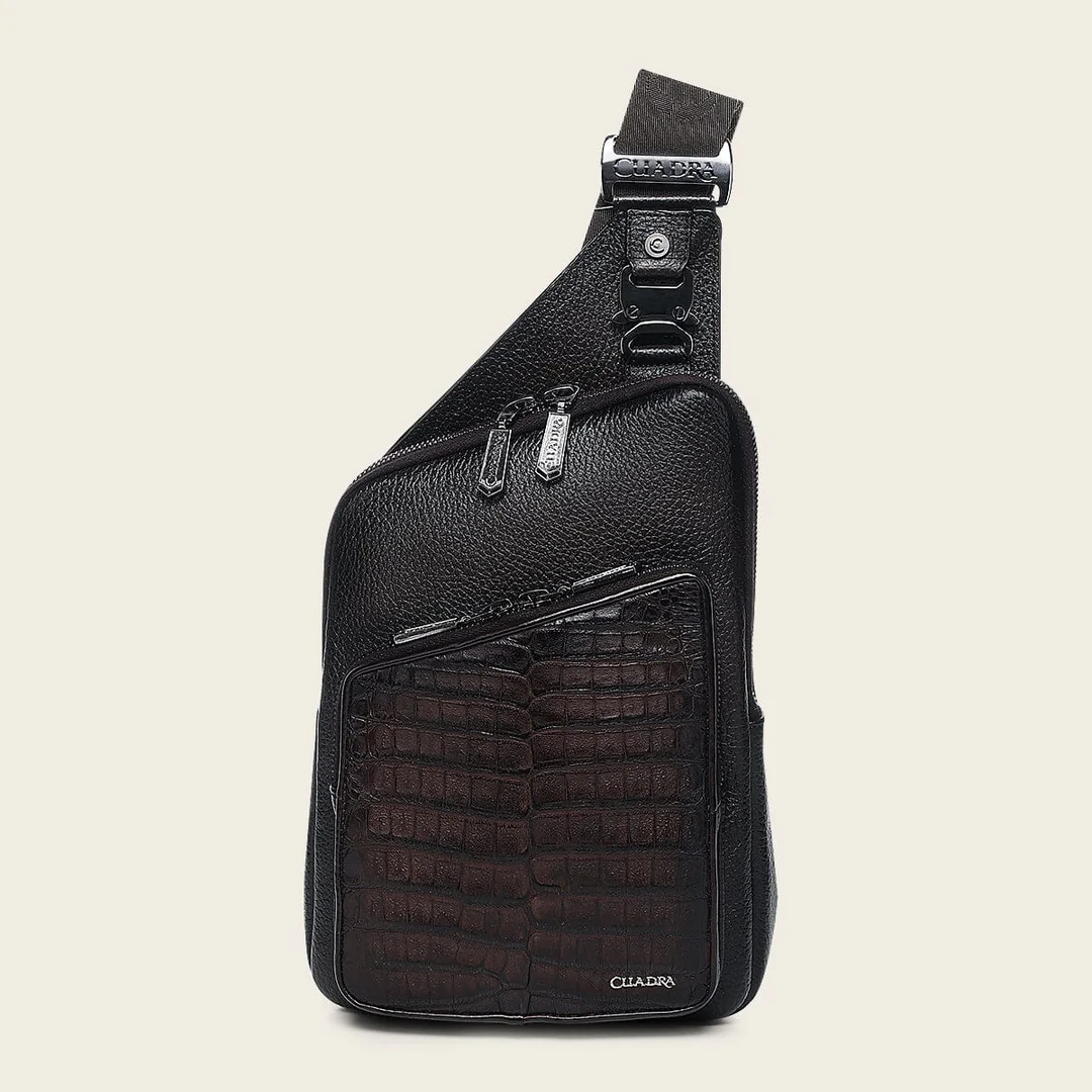 Cuadra Men’s Chocolate Caiman Zipper Bag front view in dark brown exotic leather