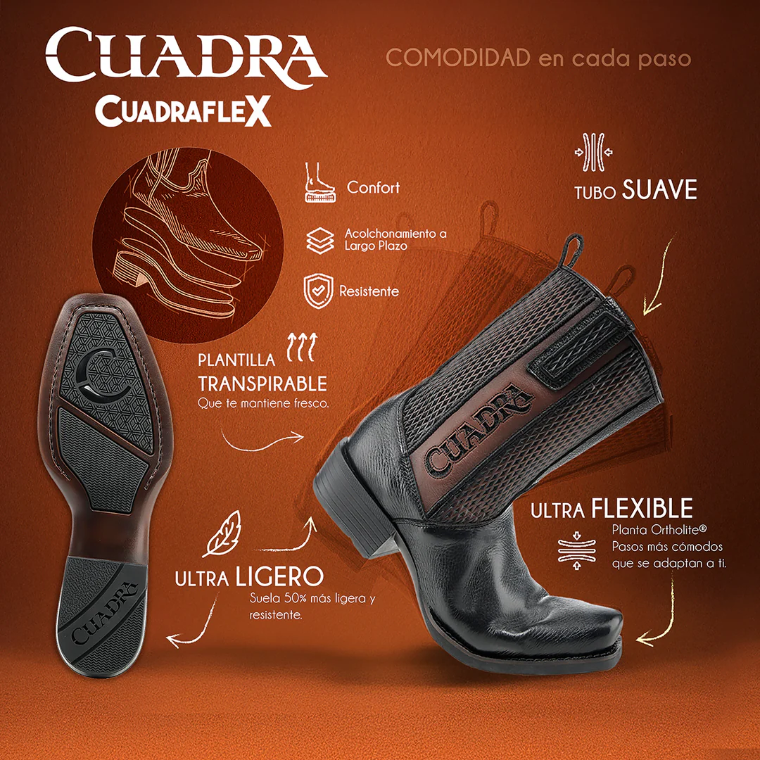 Cuadra product insert card shown with Black Ostrich Leg Narrow Square Toe Boot details