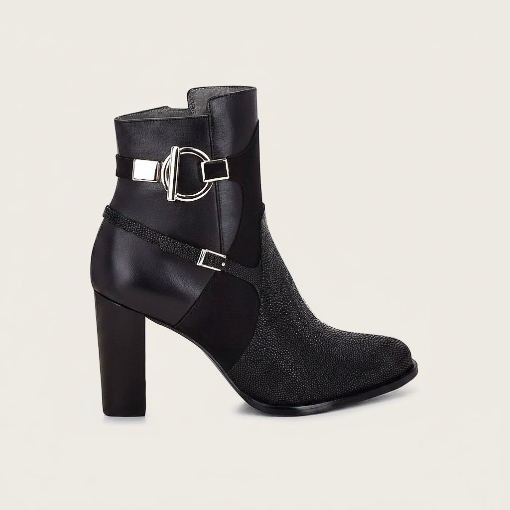 Cuadra Black Stingray Ankle Bootie side profile in black leather with heel