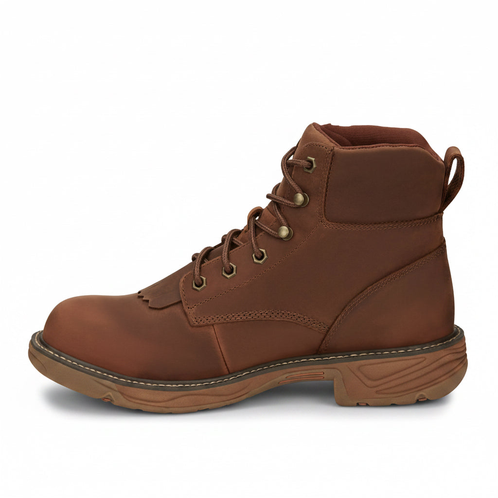 Angled side profile of Justin Rush 6 Inch Waterproof Boot in brown