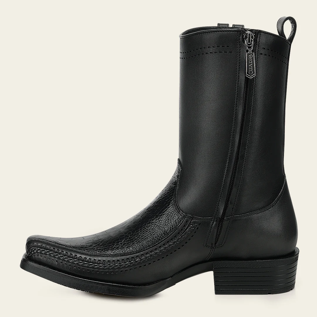 Side profile of Cuadra Black Ostrich Leg Narrow Square Toe Boot in black leather