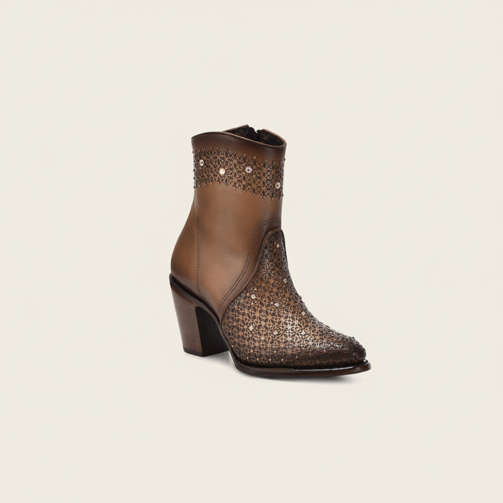 Cuadra Honey Perforated Crystal Ankle Bootie side view in brown leather