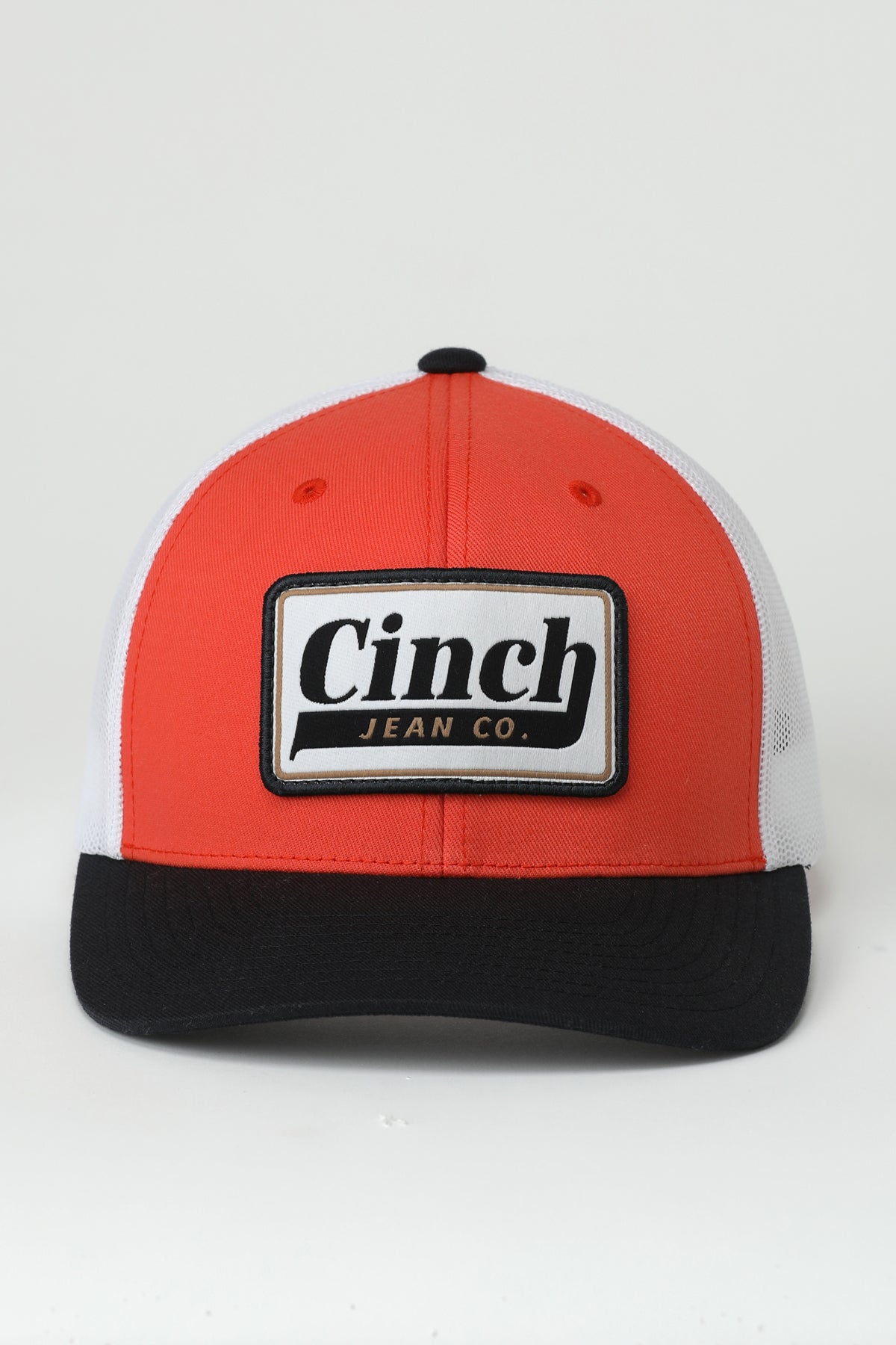 Cinch Patch Cap front view showing patch detail on red front panel