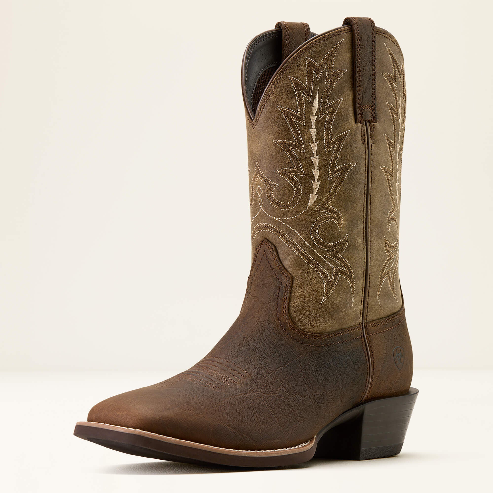 Ariat Sport Outfitter Wide Square Toe Cowboy Boot angled side view in brown