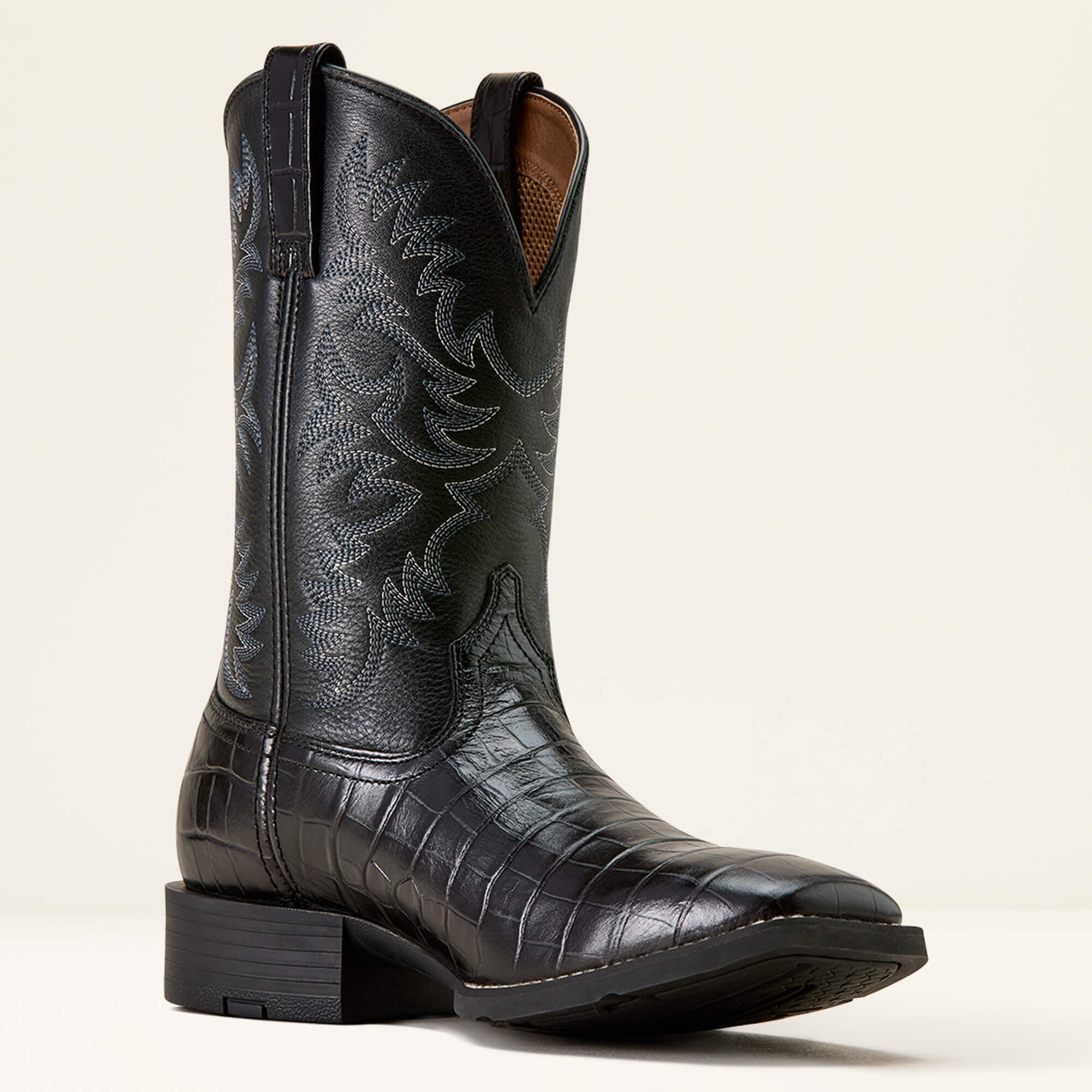 Ariat Sport Latigo Wide Square Toe Cowboy Boot angled profile in black leather
