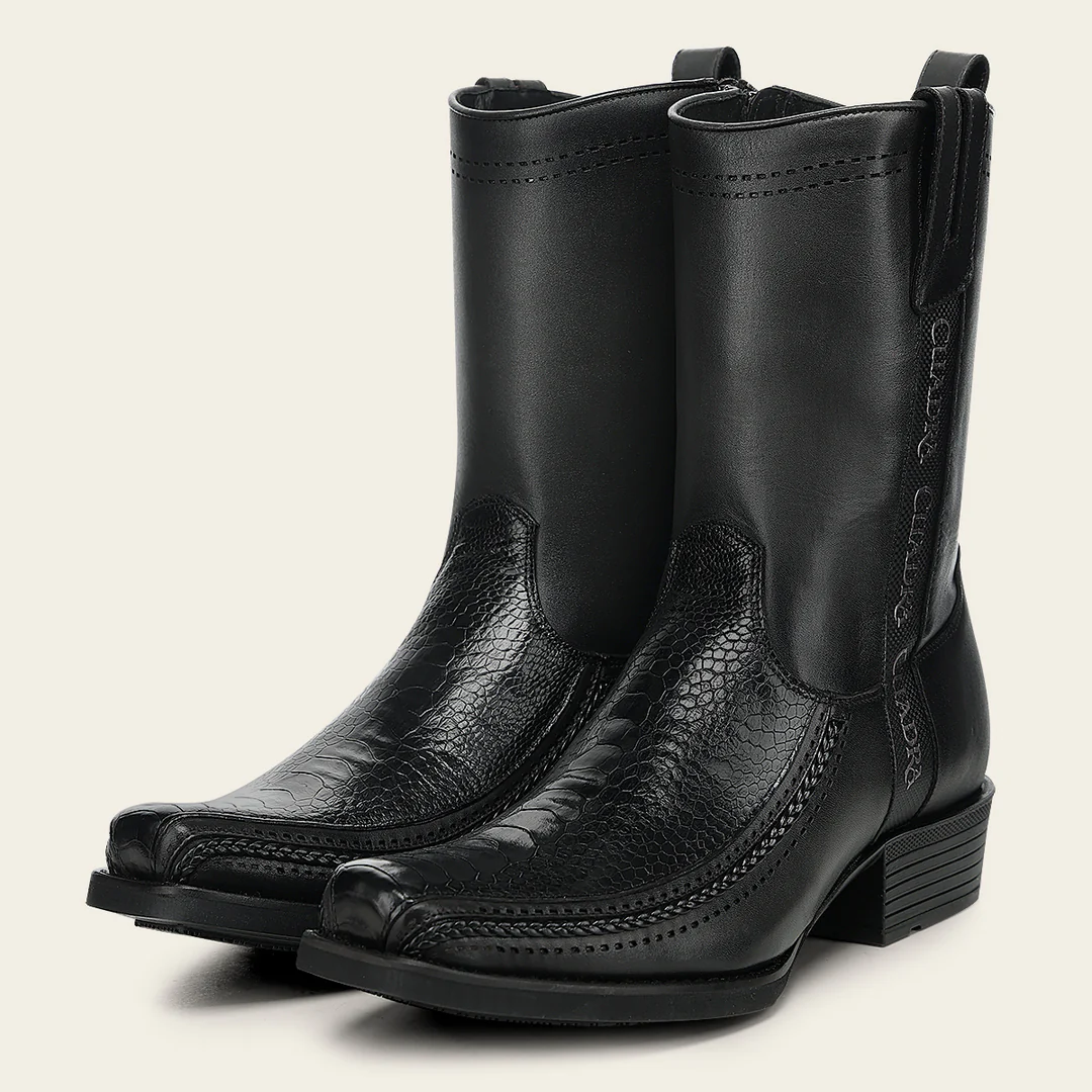 Pair of Cuadra Black Ostrich Leg Narrow Square Toe Boots shown from the front