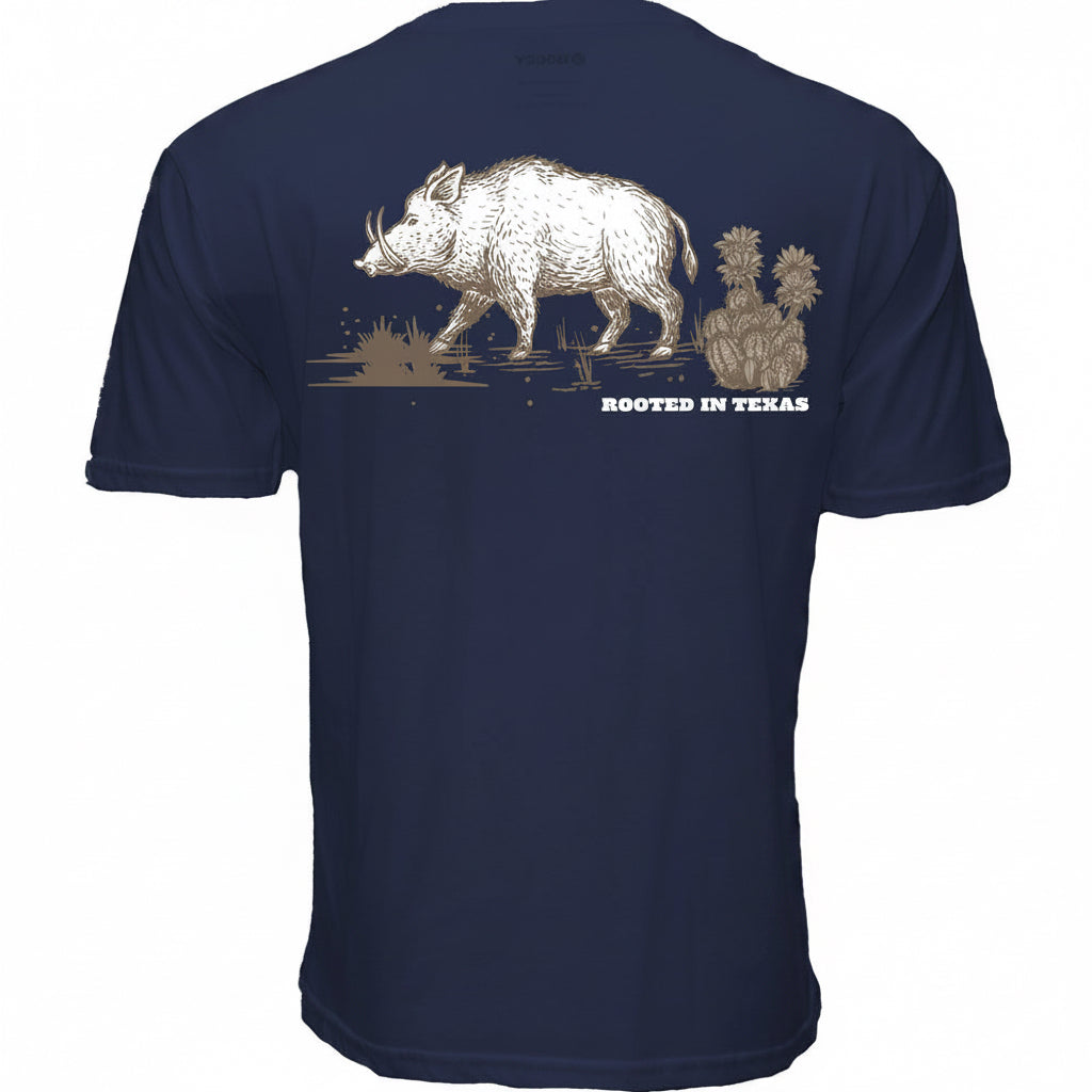 Hooey Javelina T-Shirt back view in navy with large back-style javelina graphic shown on shirt