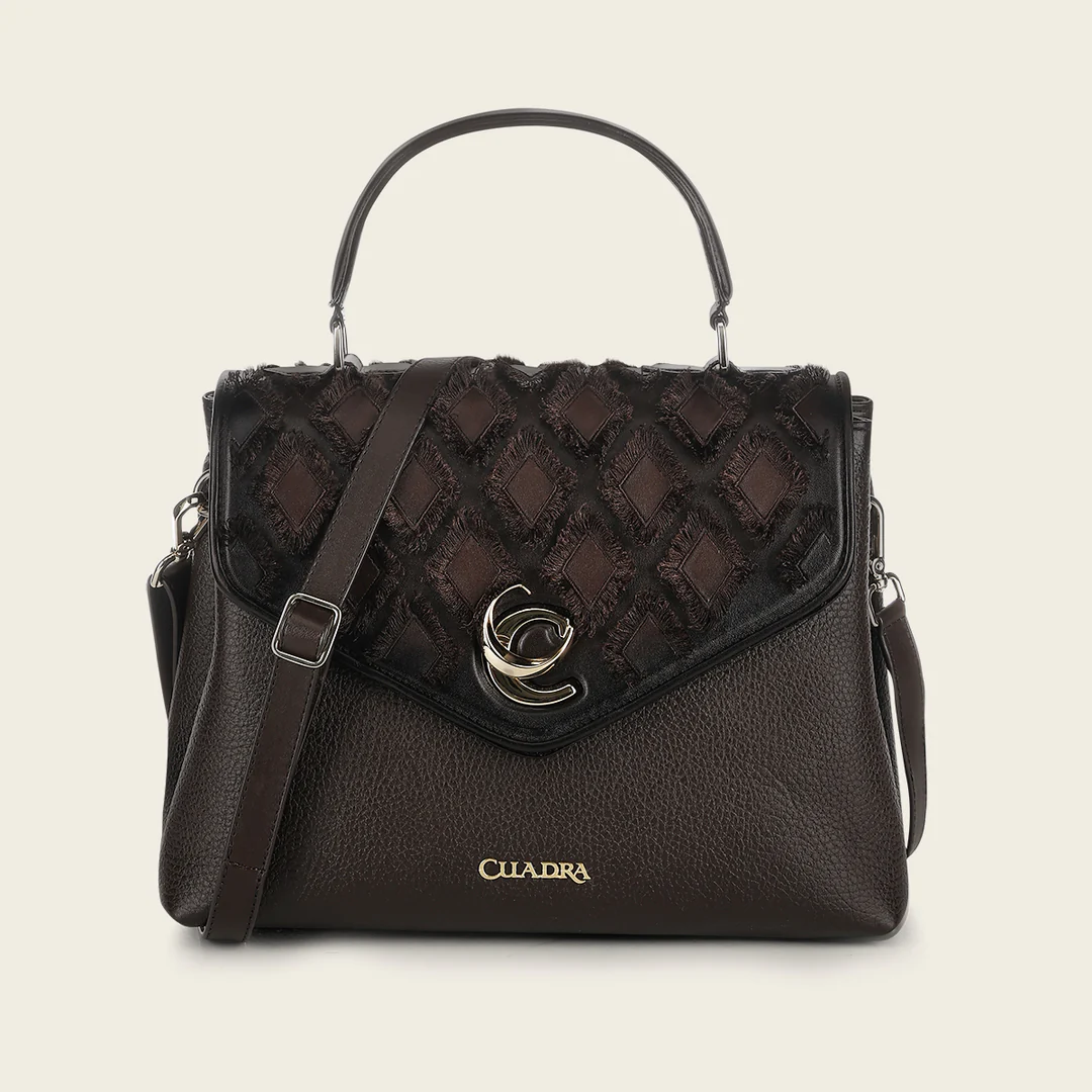 Cuadra Chocolate Embroidery Bag for women in brown leather with top handle and flap closure