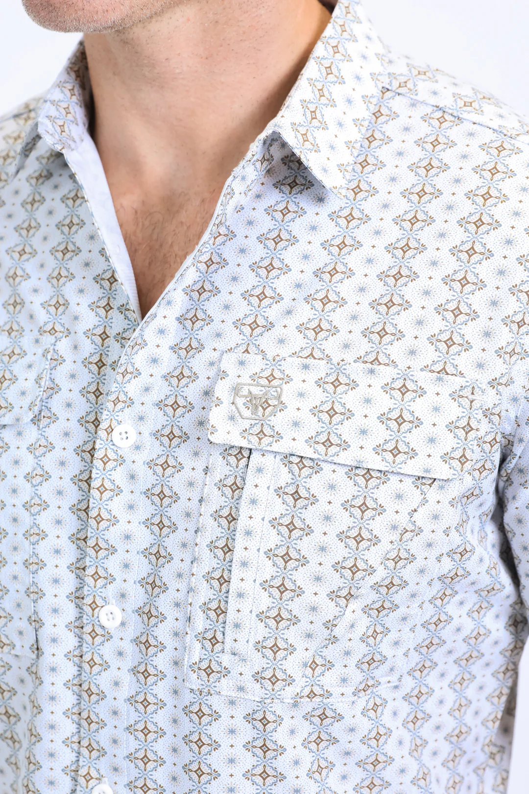 Performance Western Short Sleeve Aztec Print White Shirt