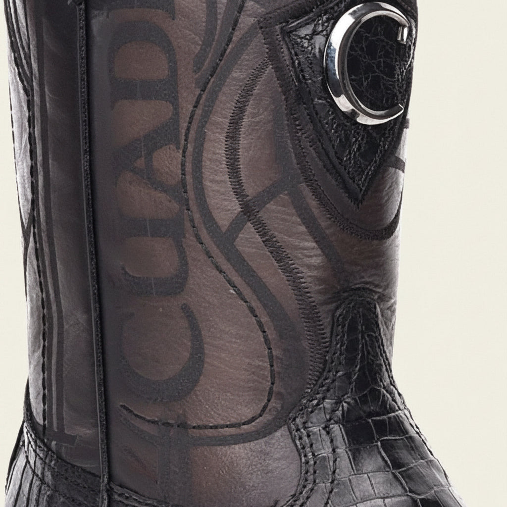 Close-up of engraved leather detail on Cuadra Engraved Cayman Western Boot