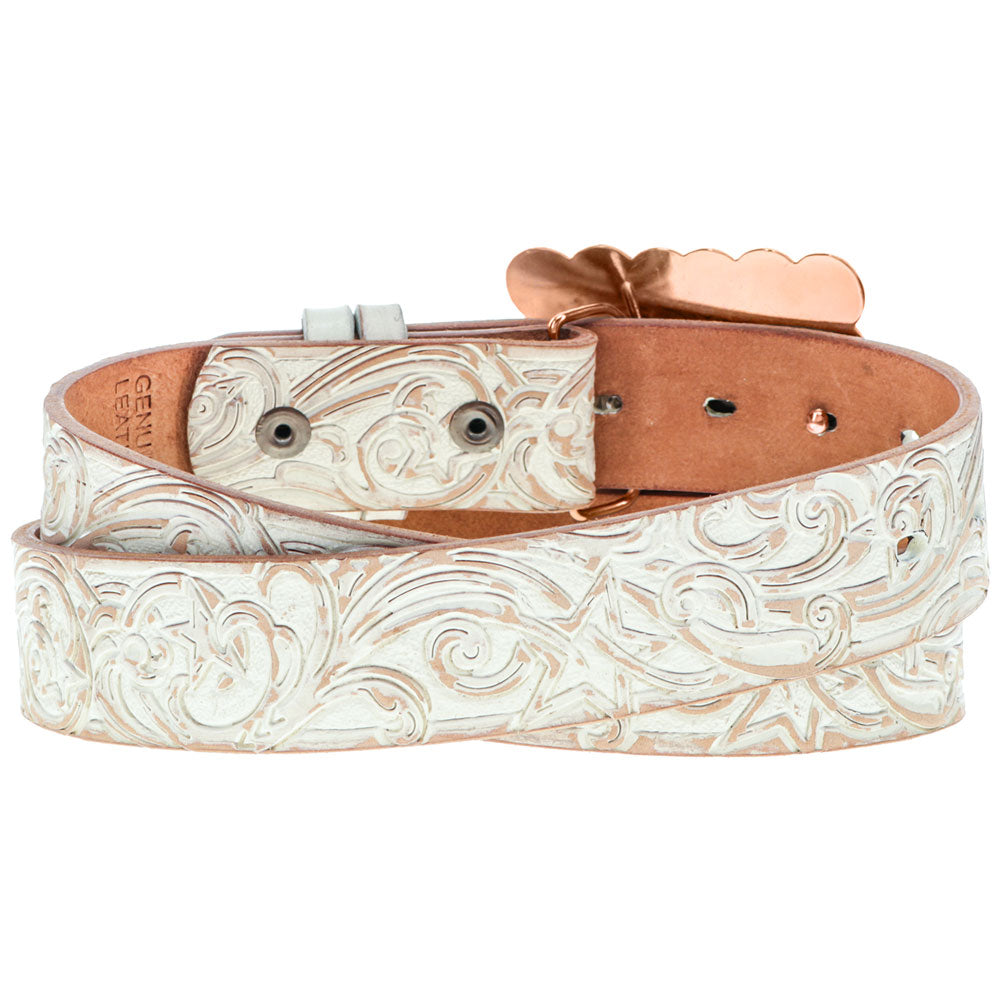 Hooey Stella Ivory Tan Hand Tooled Filigree Belt angled view showing ivory strap and buckle detail